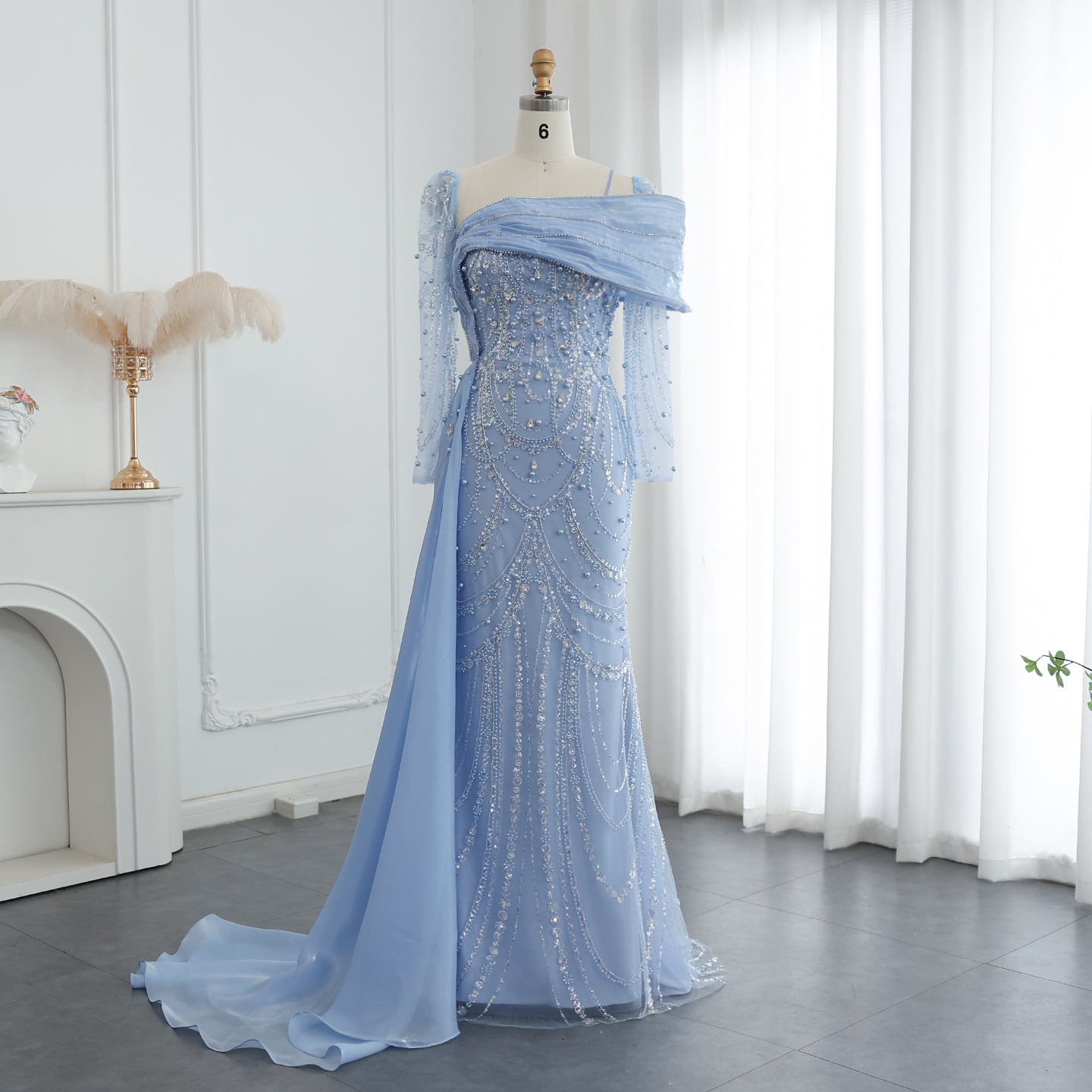 Luxury Nude Crystal Evening Dress with Overskirt SS256  Blue / US 20