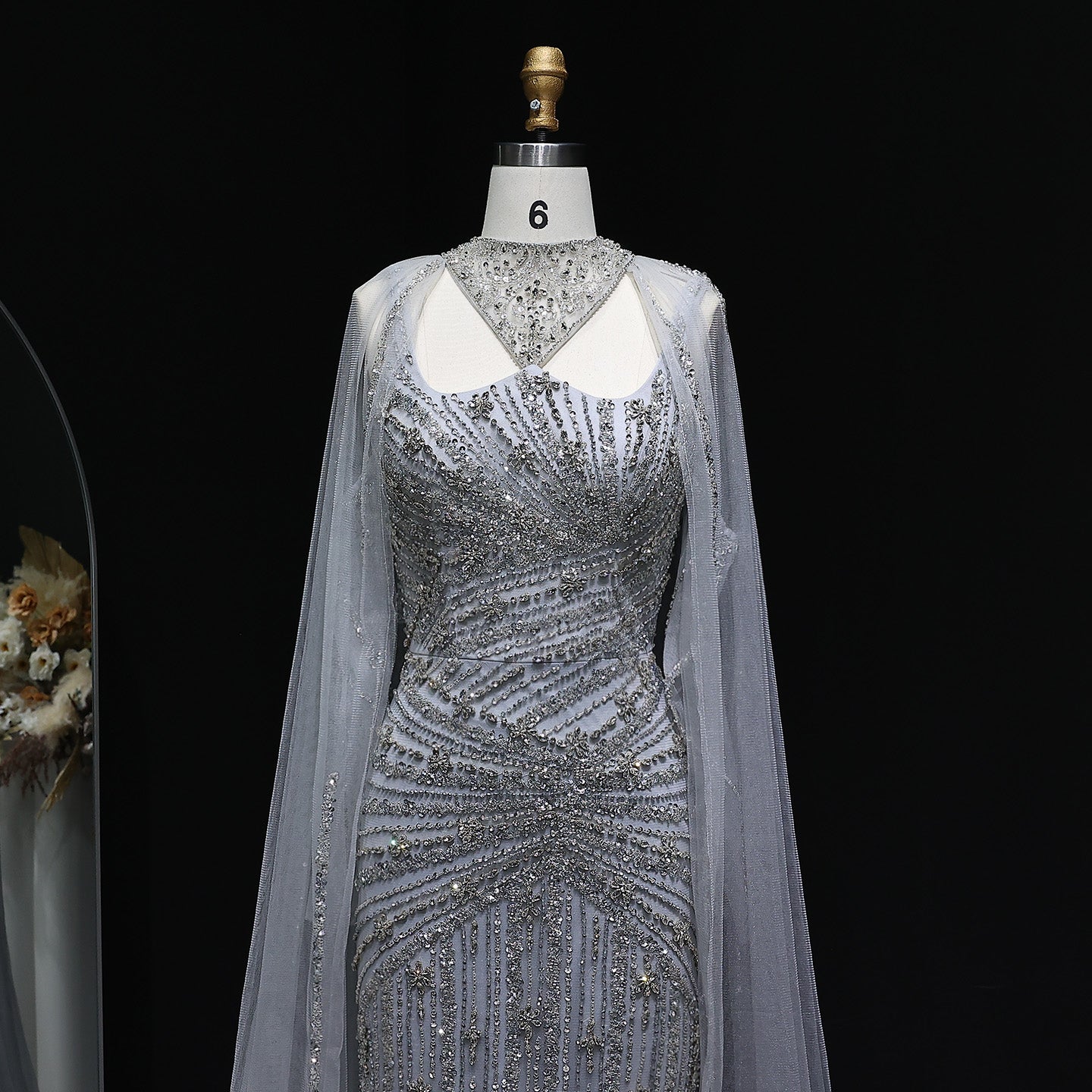 Luxury Champagne Beaded Mermaid Evening Dress with Cape Sleeves SS149