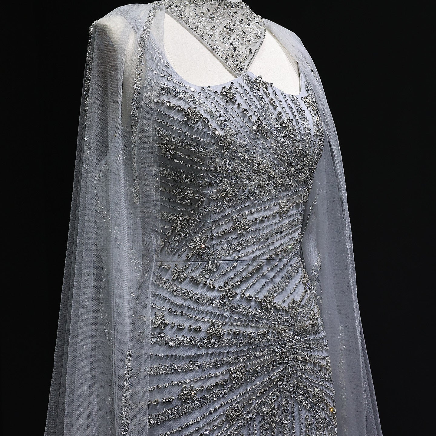 Luxury Champagne Beaded Mermaid Evening Dress with Cape Sleeves SS149