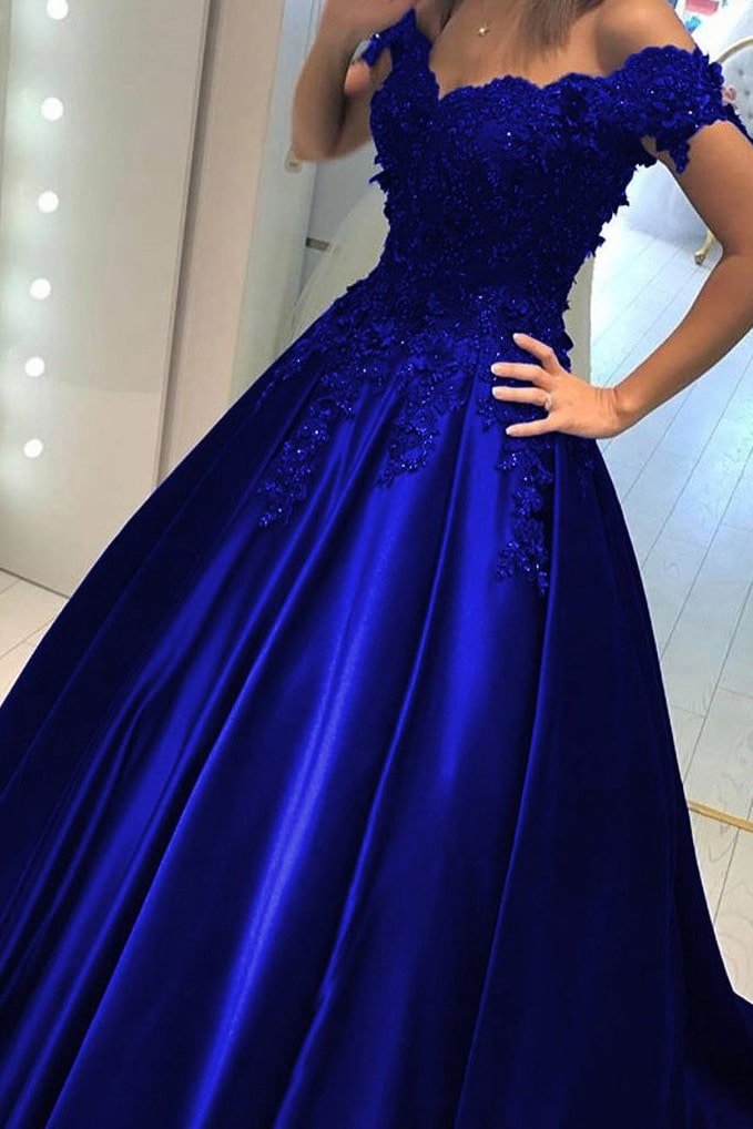 Appliqued Off-The-Shoulder Satin Princess Prom Dresses With Beads-441