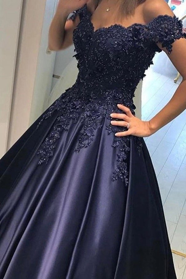 Appliqued Off-The-Shoulder Satin Princess Prom Dresses With Beads-443