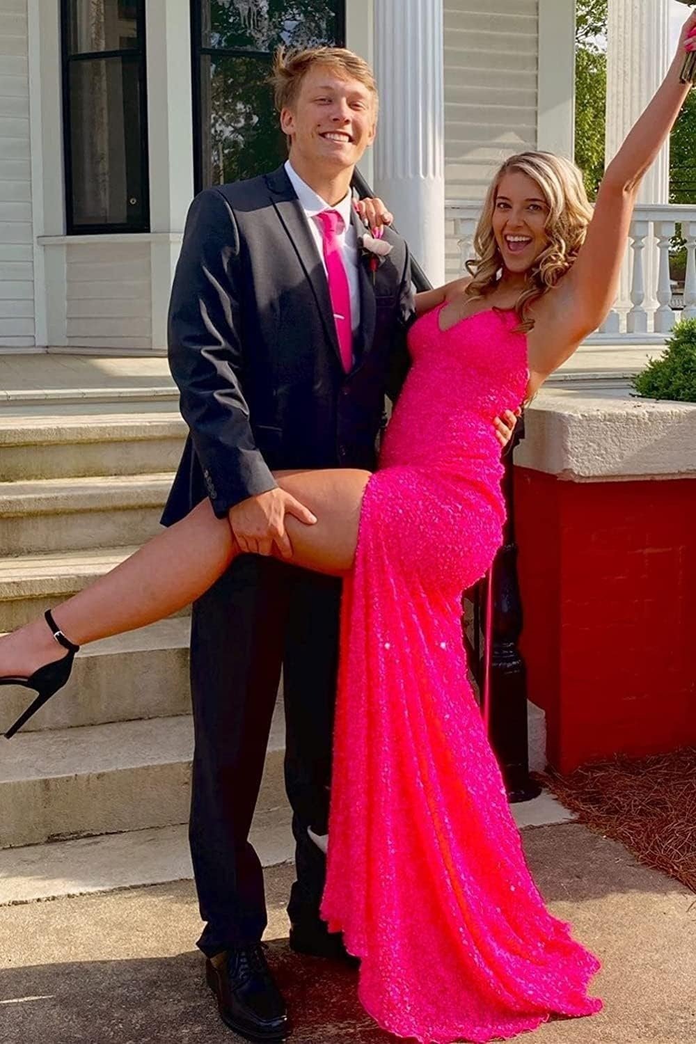 Trumpet/Mermaid V Neck Sleeveless Sweep Train Allover Sparkly Sequined Prom Dress With Split-869