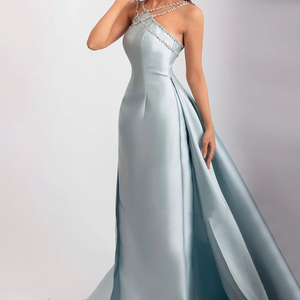 Elegant Light Blue Satin Evening Dress with Overskirt SF048
