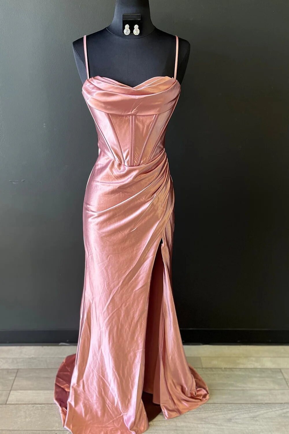 Sheath/Column Sweetheart Sleeveless Silk like Satin Sweep Train Prom Dresses With Split Ruffles-451