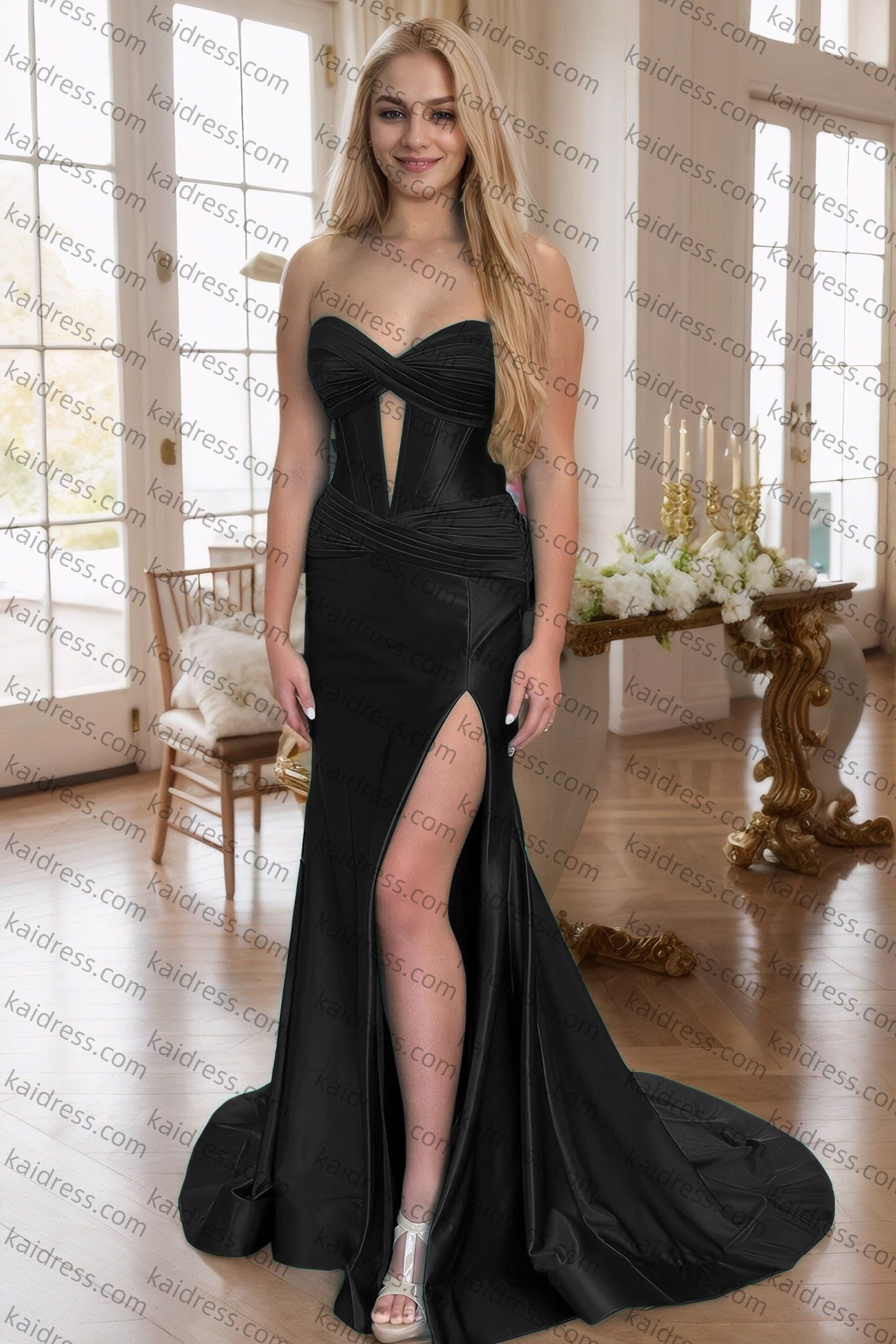 Sheath/Column Elastic Woven Satin Ruched Off-the-Shoulder Straps Sleeveless Sweep/Brush Train Prom Dresses