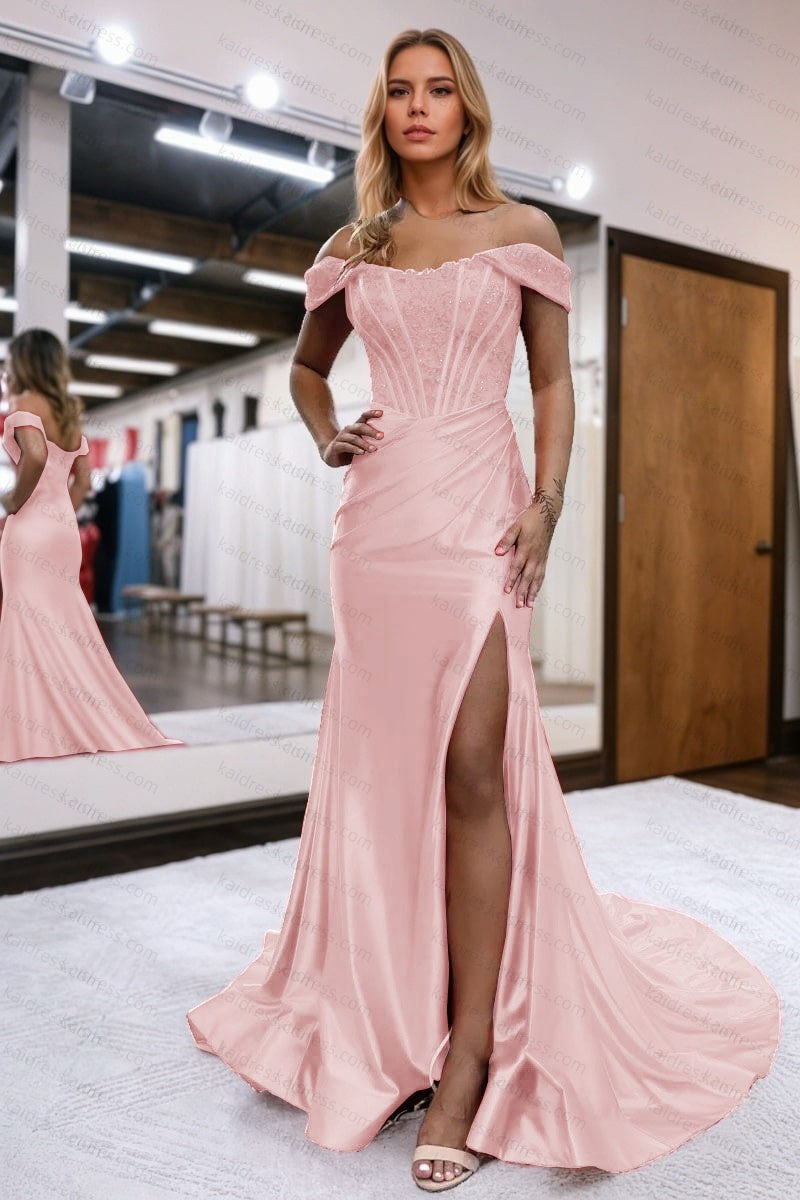 Trumpet/Mermaid Elastic Woven Satin Ruched Off-the-Shoulder Prom Dresses Sleeveless Long Green Evening Gowns