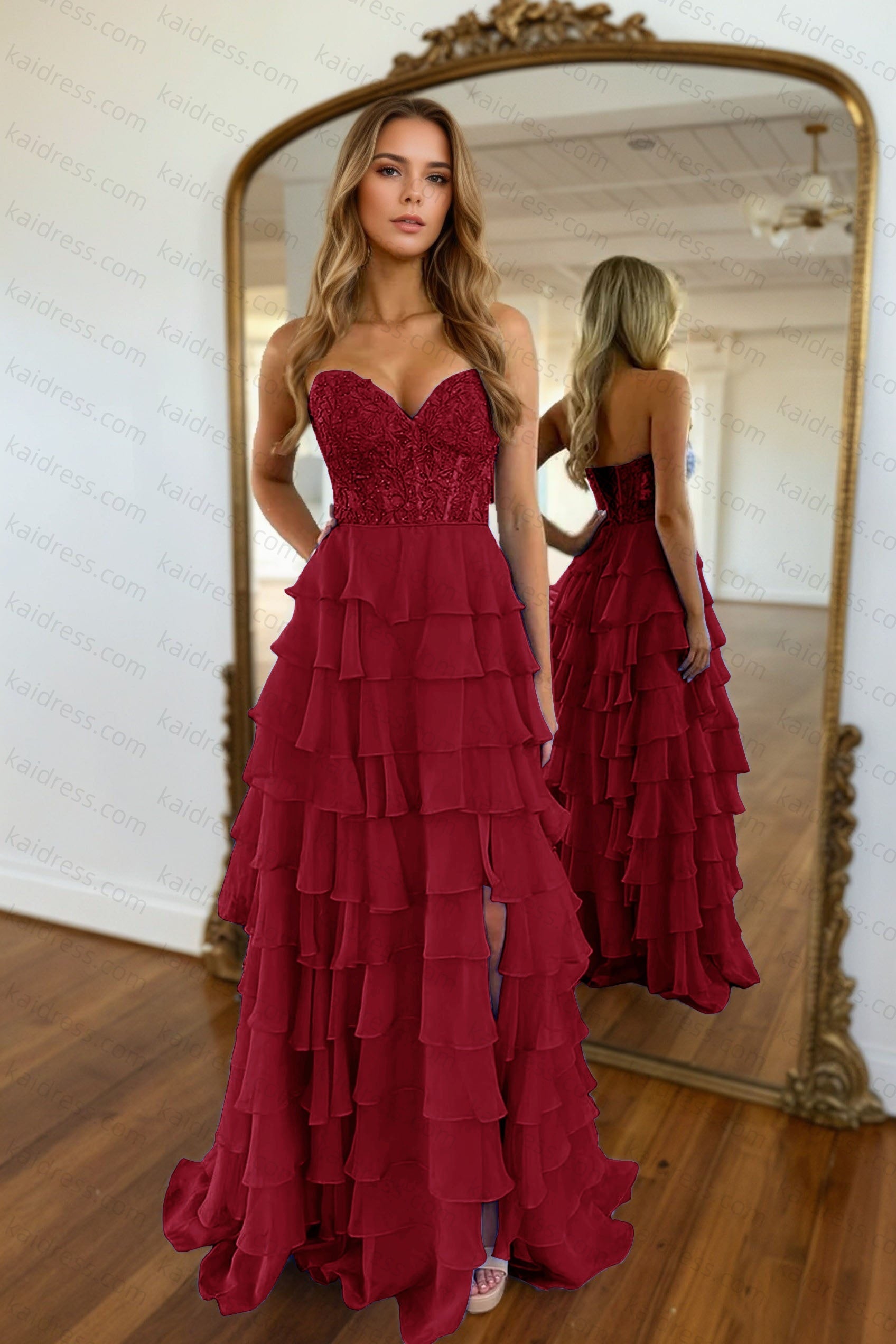A-line/Princess Chiffon Fuchsia Sweetheart Tiered Ruffles Prom Dress with Slit Applique