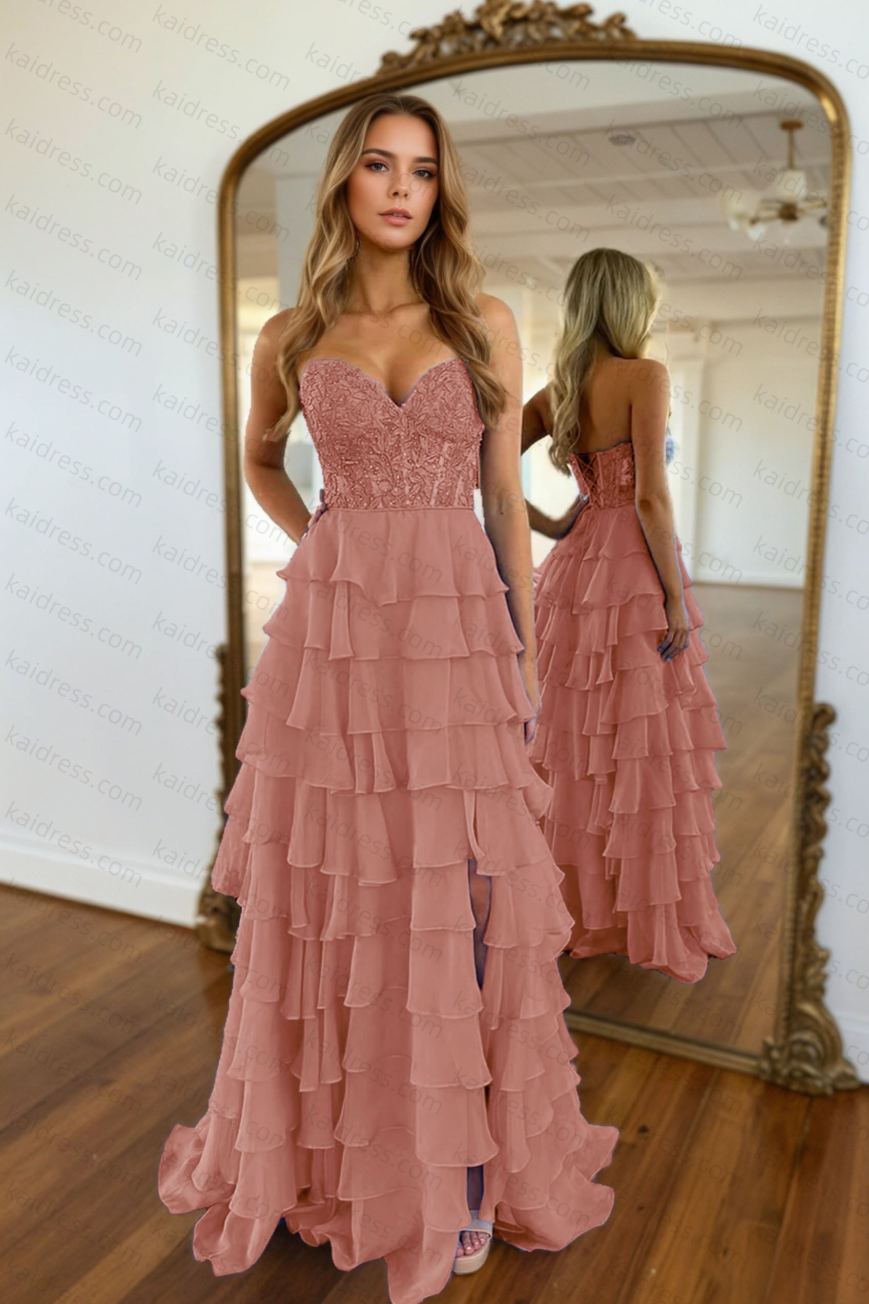 A-line/Princess Chiffon Fuchsia Sweetheart Tiered Ruffles Prom Dress with Slit Applique