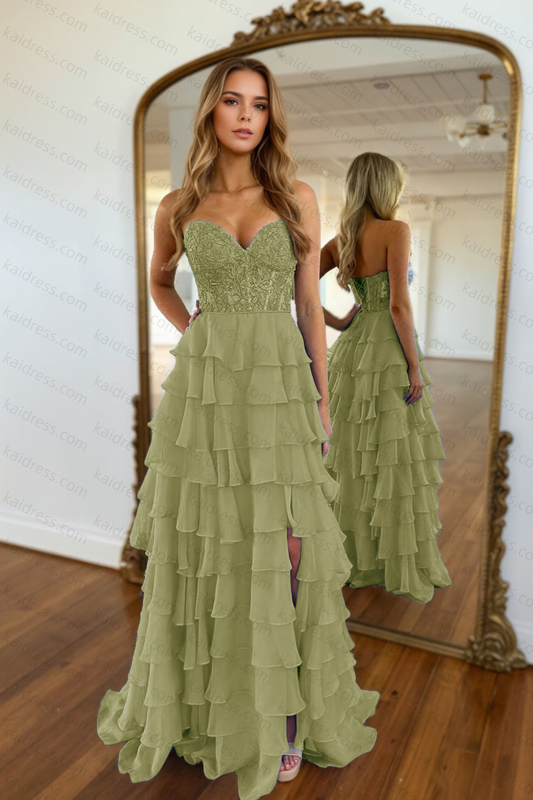 A-line/Princess Chiffon Fuchsia Sweetheart Tiered Ruffles Prom Dress with Slit Applique