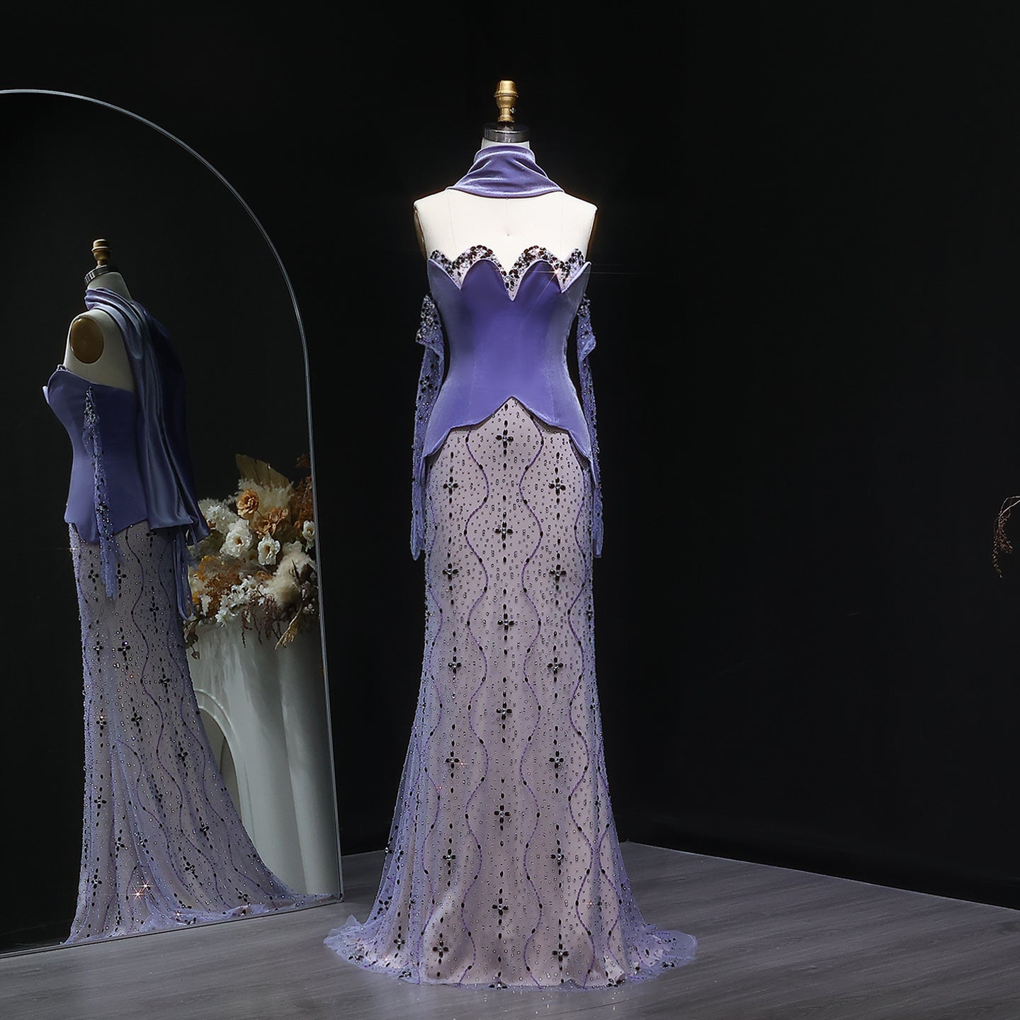 Elegant Beaded Strapless Purple Evening Dress with Scarf and Gloves SS269  Purple / US 20