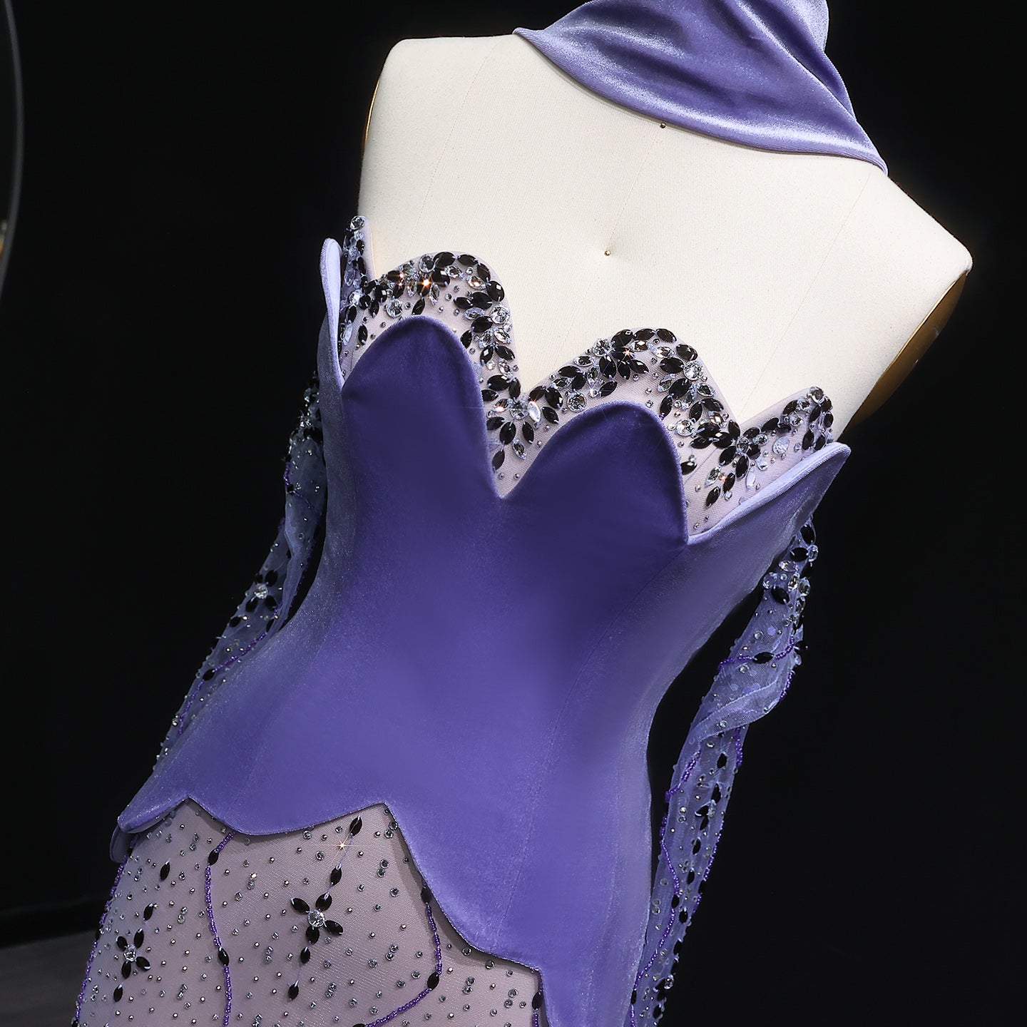 Elegant Beaded Strapless Purple Evening Dress with Scarf and Gloves SS269