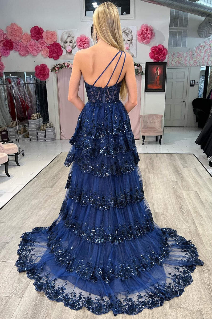 Vibrant Navy Blue Ruffles One shoulder Prom Dress with High Slit SF156
