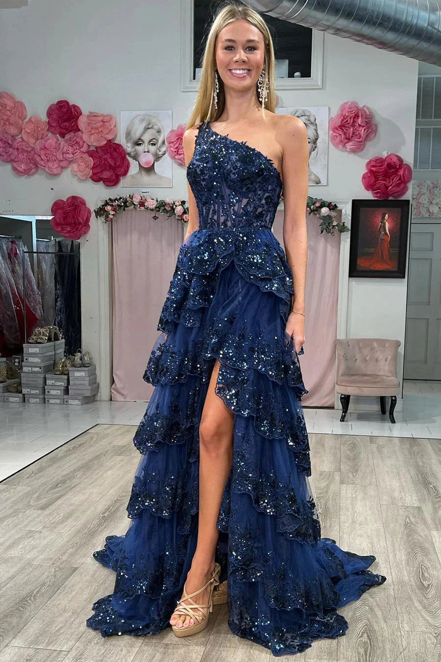 Vibrant Navy Blue Ruffles One shoulder Prom Dress with High Slit SF156  Navy Blue / US 16