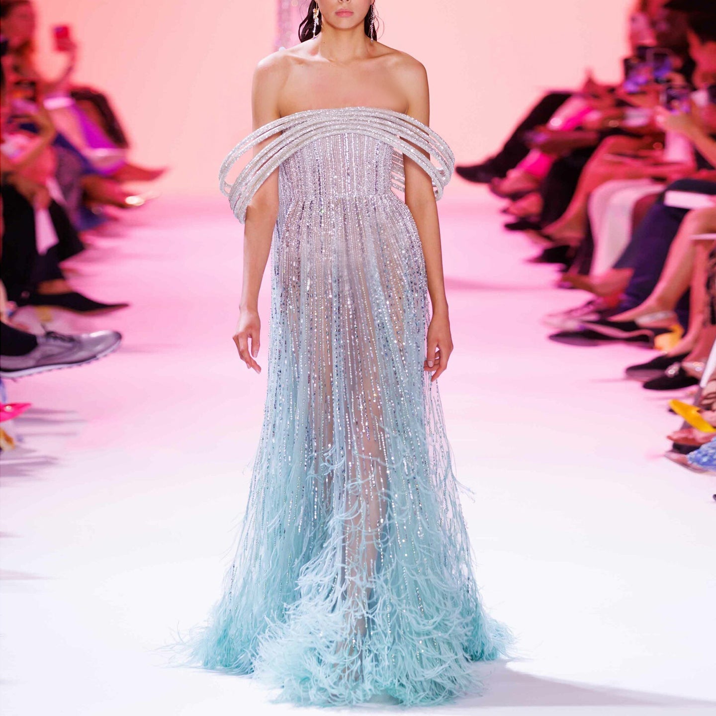 Luxury Feathers Aqua Off Shoulder Evening Dress SS435