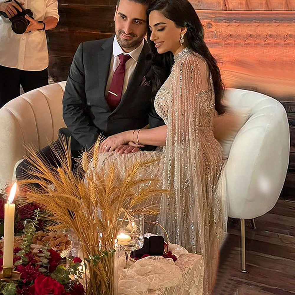 Dreamy Vow Luxury Dubai Grey Nude Arabic Evening Dresses with Cape Sleeves Elegant Women Formal Gowns for Wodding Party 428