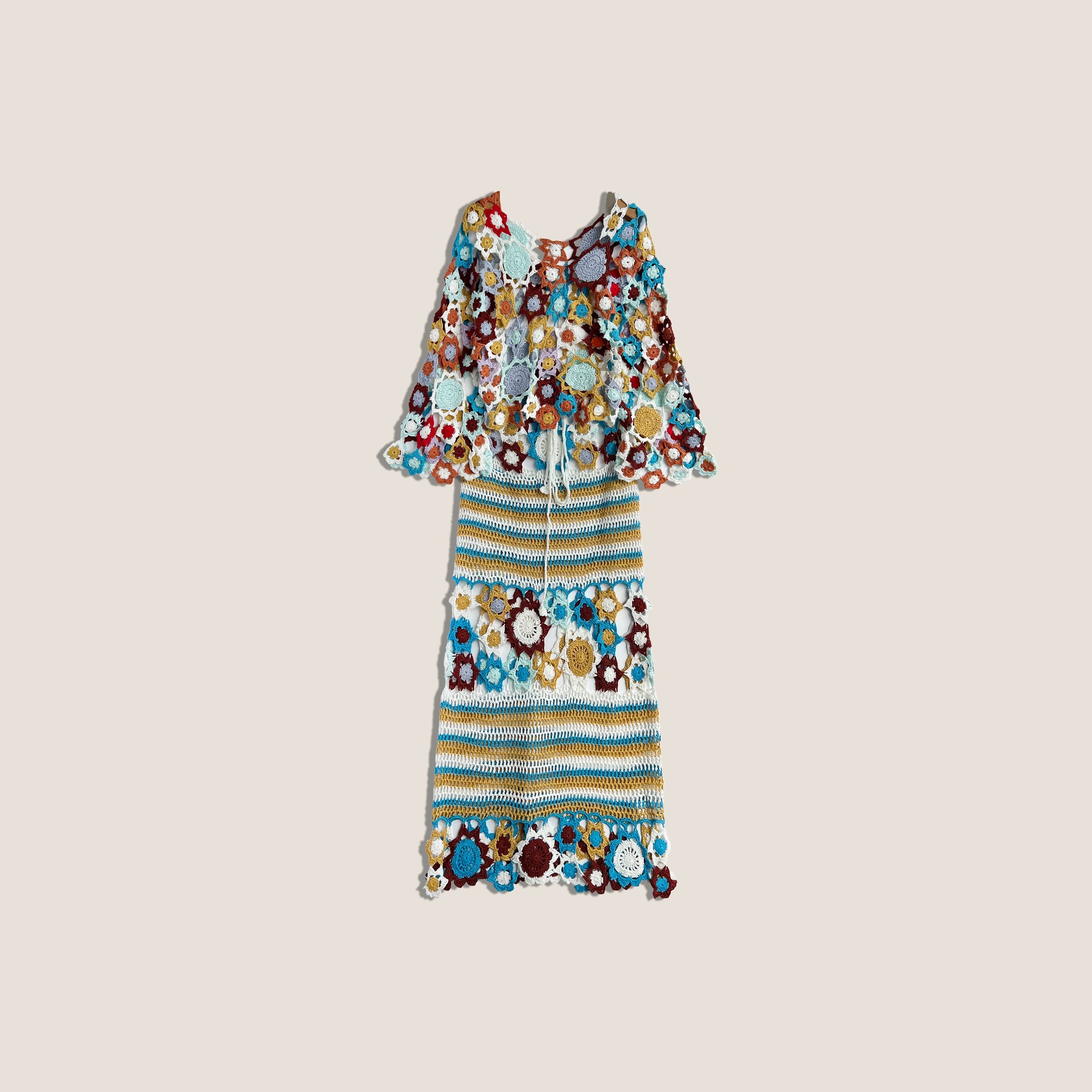 Hand-crocheted vintage floral hollow-out top and skirt set