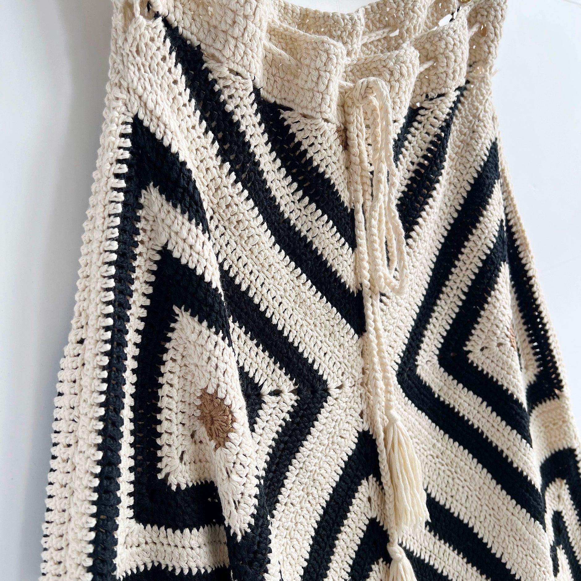Hand-crocheted color-blocked woven skirt