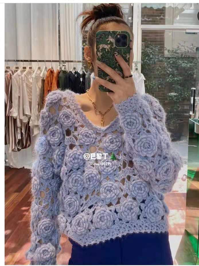 Hand-crocheted wool rose flower sweater