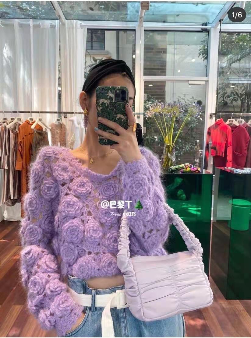 Hand-crocheted wool rose flower sweater