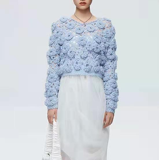 Hand-crocheted wool rose flower sweater