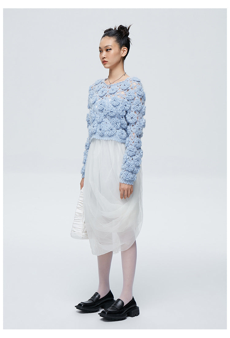 Hand-crocheted wool rose flower sweater