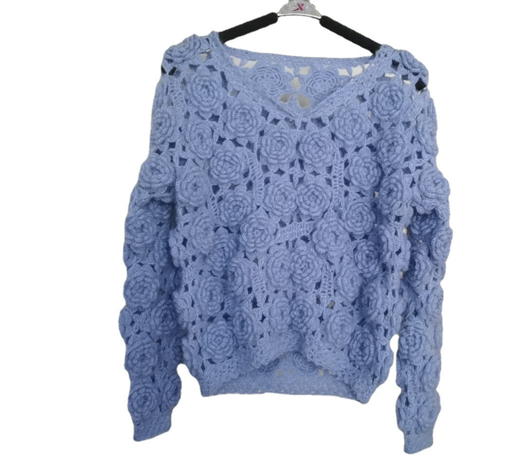 Hand-crocheted wool rose flower sweater