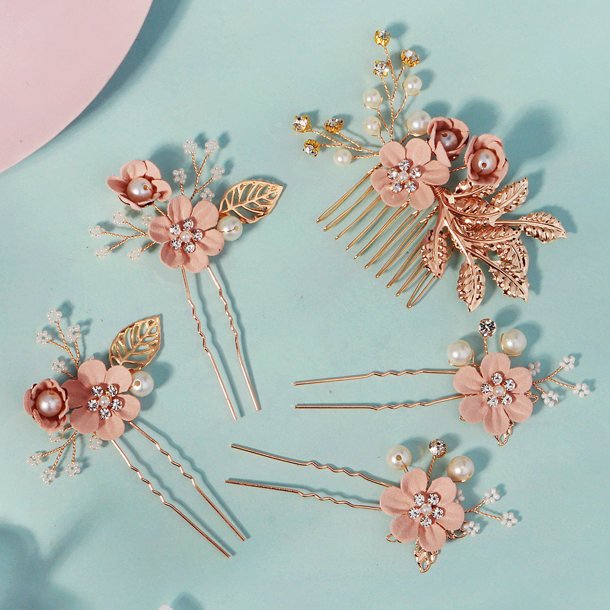 Pink Flower and Leaf Coiled Handmade Pearl Hairpin(5-piece set)
