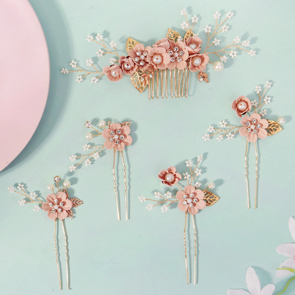 Pink Flower and Leaf Coiled Handmade Pearl Hairpin(5-piece set)