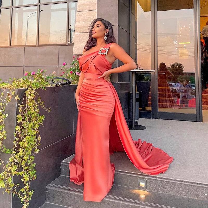 One Shoulder Orange Formal Party Dress with Overskirt RM014