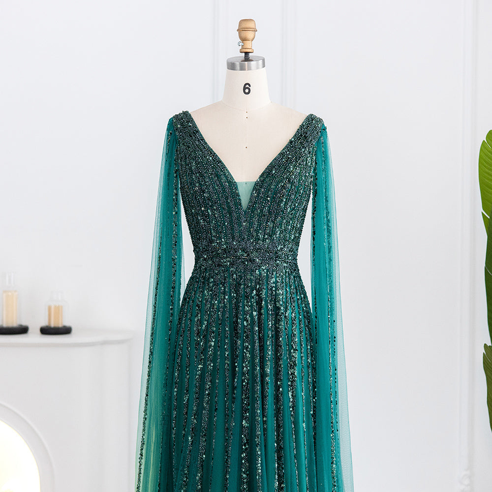 Luxury Nude Evening Dress with Cape Sleeves SS322