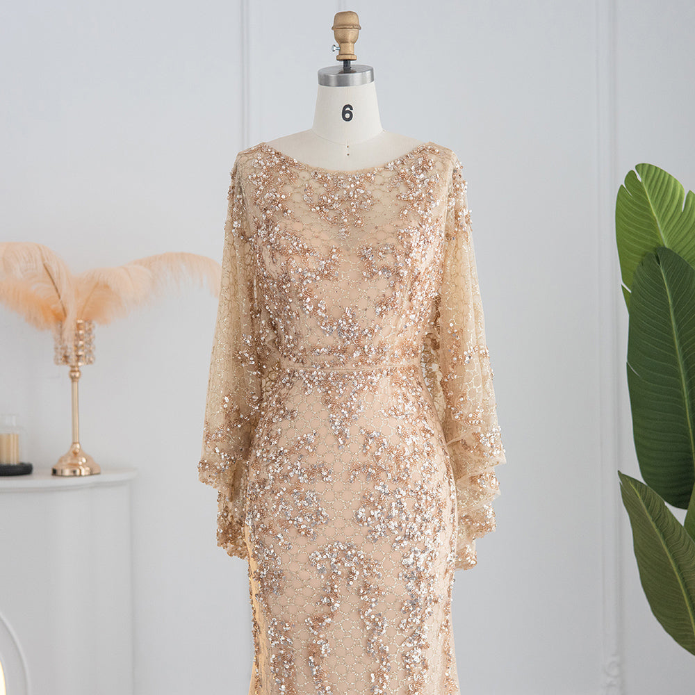 Luxury Gold Mermaid Evening Dress with Cape Shawl SS117