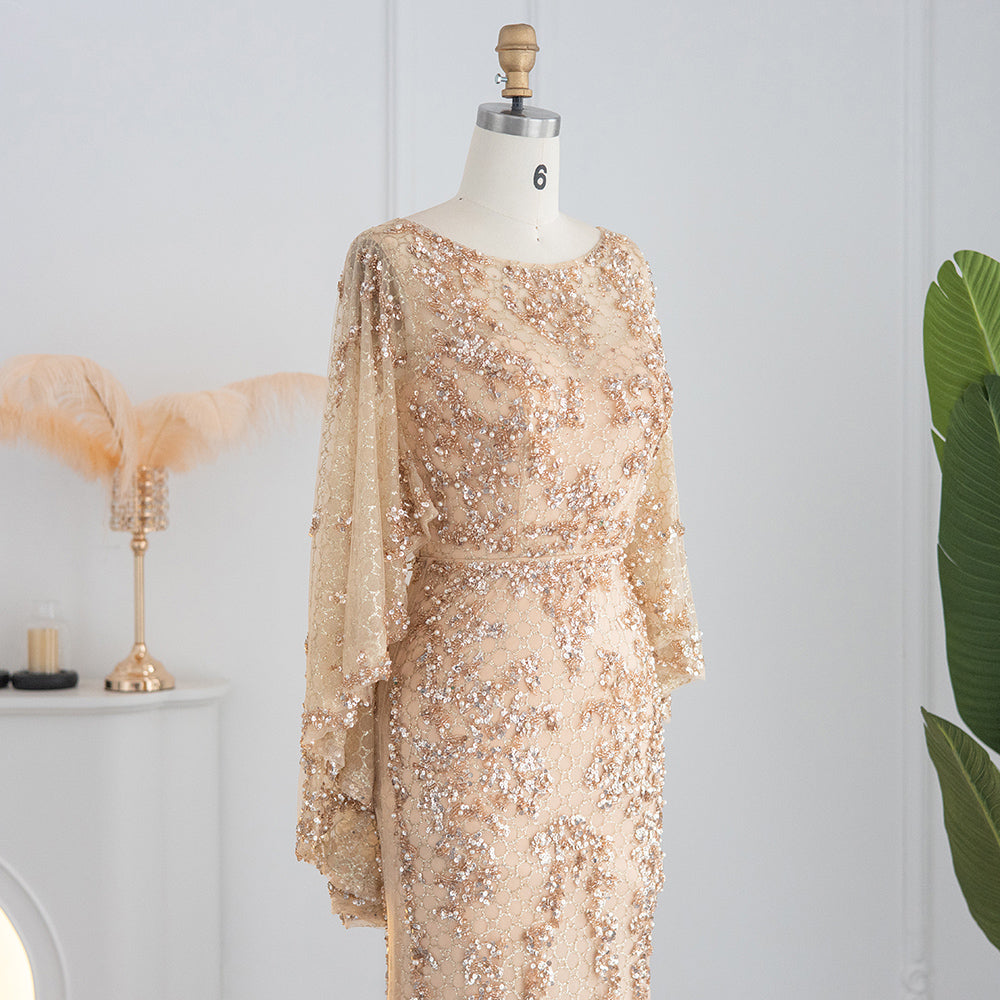 Luxury Gold Mermaid Evening Dress with Cape Shawl SS117