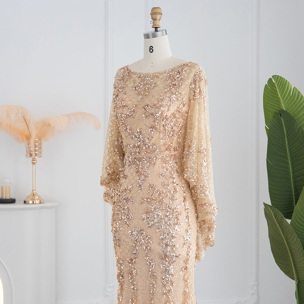 Luxury Gold Mermaid Evening Dress with Cape Shawl SS117