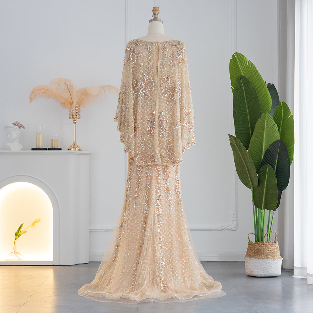 Luxury Gold Mermaid Evening Dress with Cape Shawl SS117