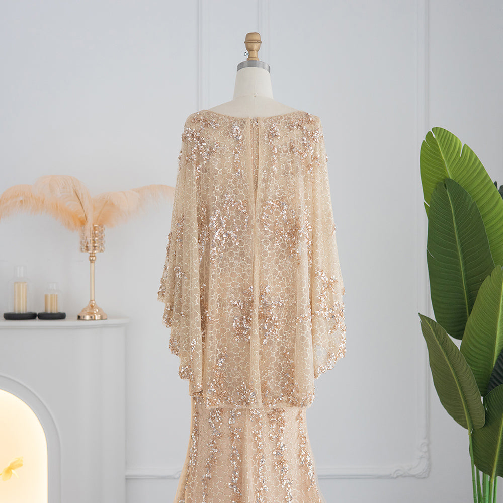 Luxury Gold Mermaid Evening Dress with Cape Shawl SS117