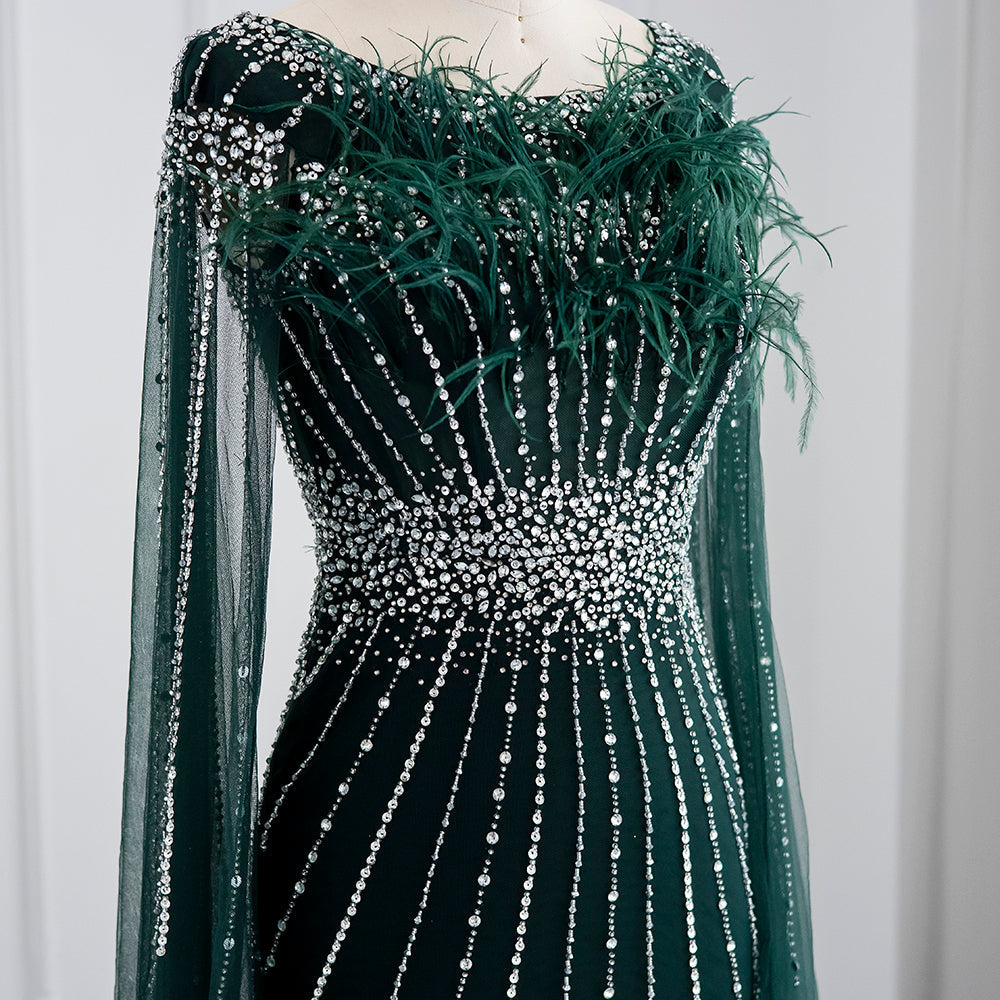 DreamyVow Luxury Feathers Silver Nude Dubai Evening Dress with Cape Sleeves Elegant Long Mermaid Formal Dress for Wedding 348