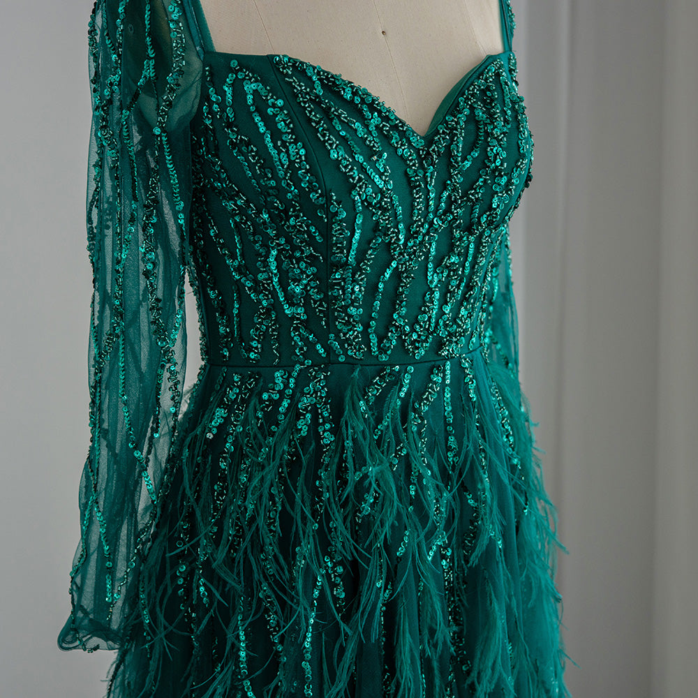 Dreamy Vow Luxury Dubai Feathers Lilac Evening Dresses for Women Wedding Elegant Emerald Green Arabic Formal Party Gowns 351