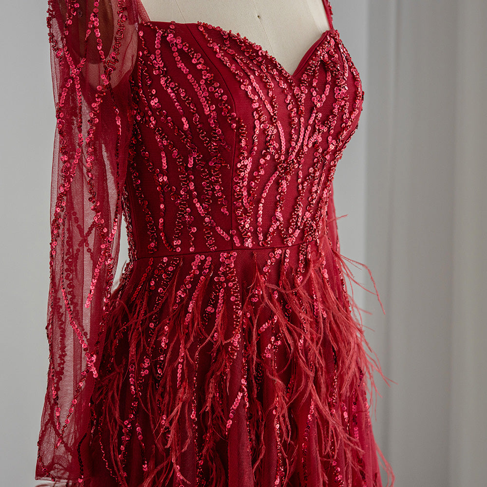 Dreamy Vow Luxury Dubai Feathers Lilac Evening Dresses for Women Wedding Elegant Emerald Green Arabic Formal Party Gowns 351