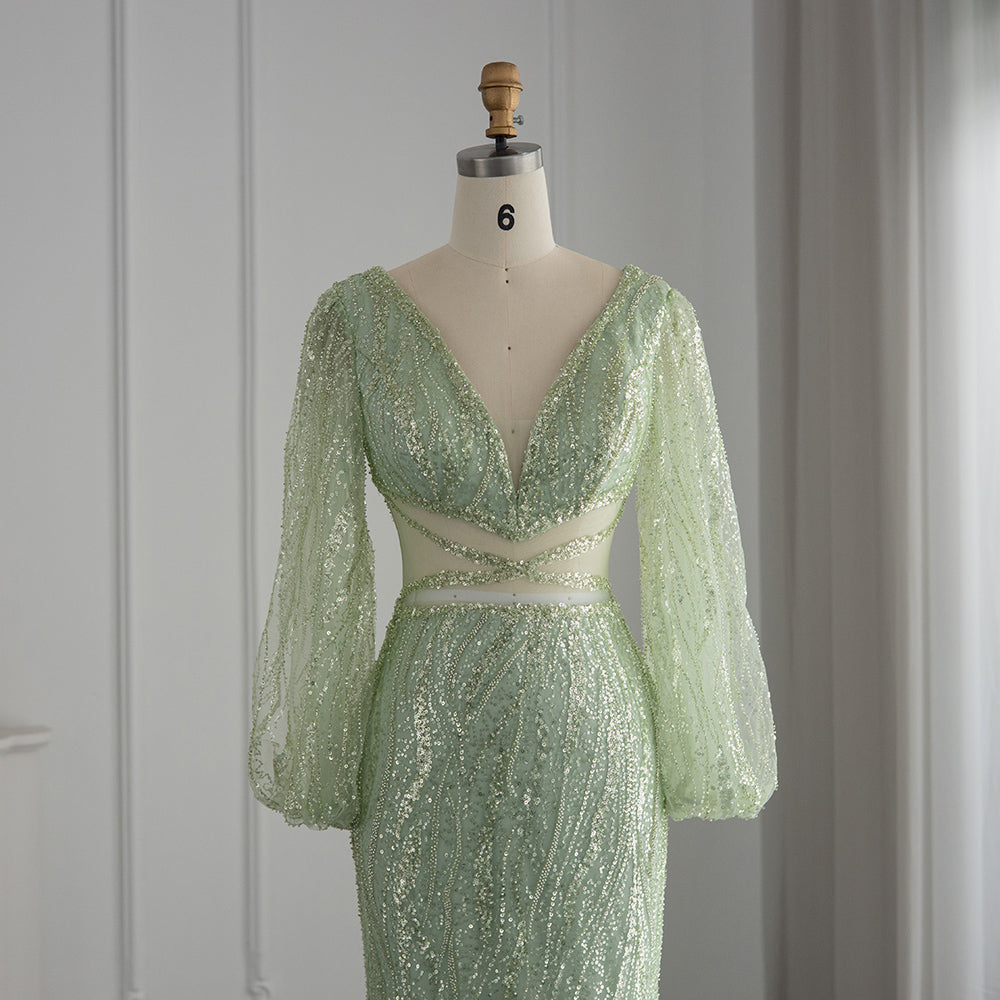 Luxury Beaded Long Sleeves Sage Green Formal Dress RM033