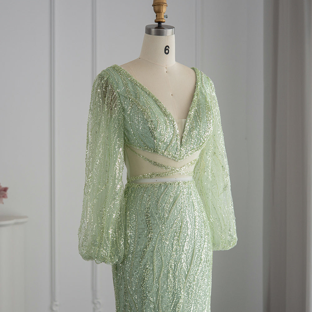 Luxury Beaded Long Sleeves Sage Green Formal Dress RM033