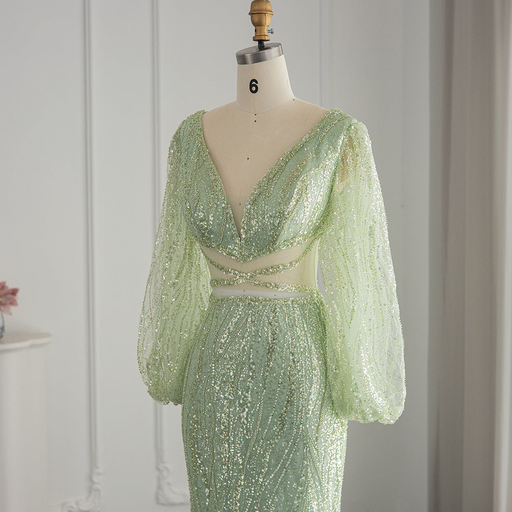 Luxury Beaded Long Sleeves Sage Green Formal Dress RM033
