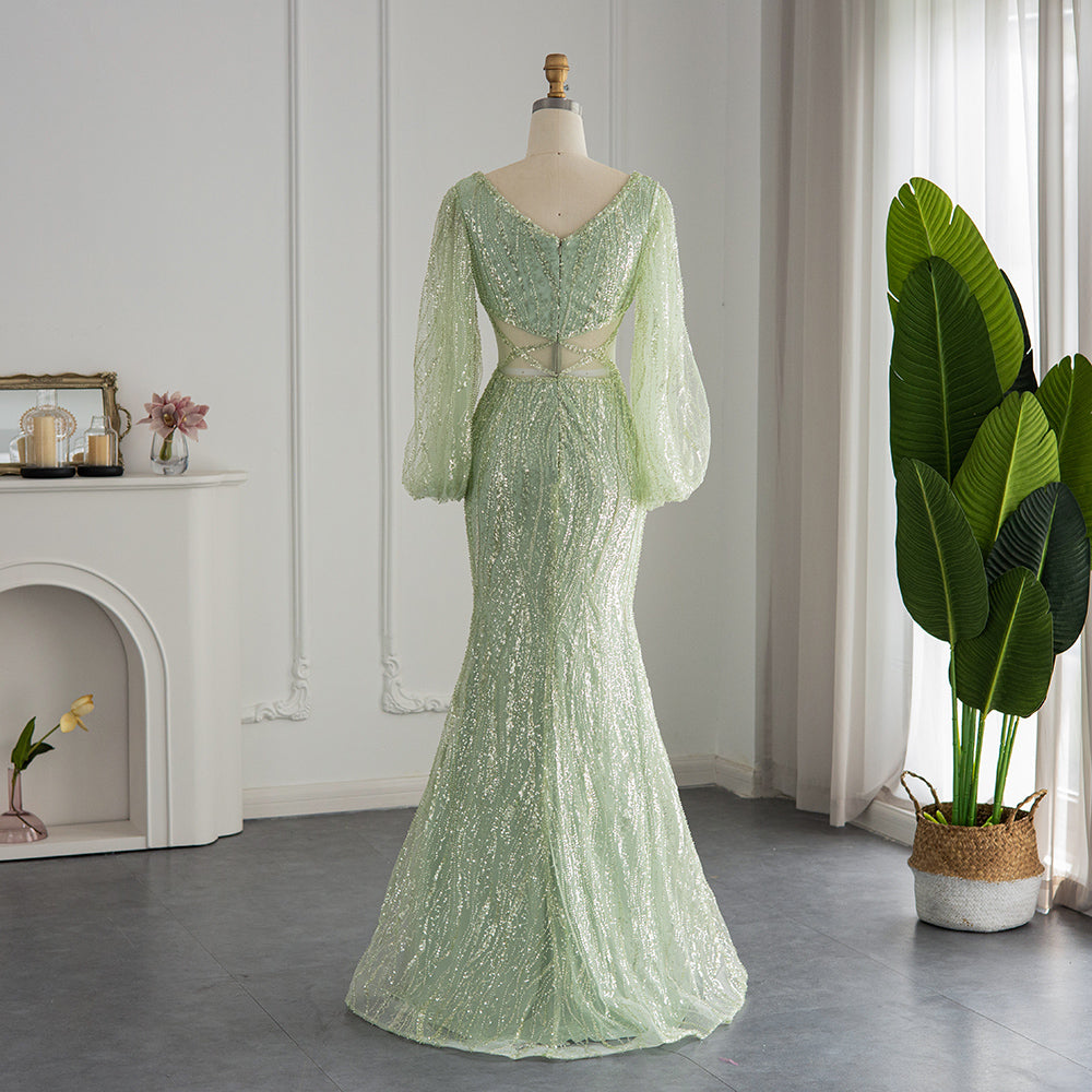 Luxury Beaded Long Sleeves Sage Green Formal Dress RM033
