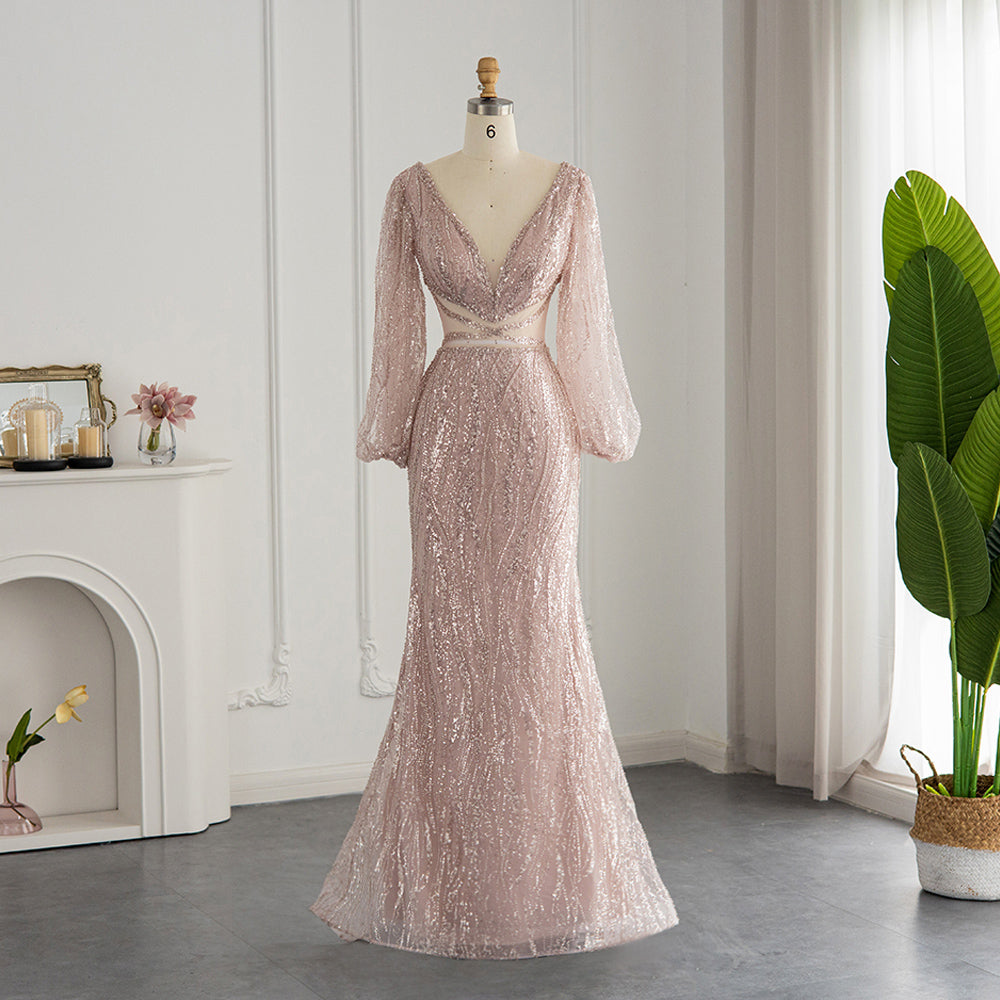 Luxury Beaded Long Sleeves Sage Green Formal Dress RM033  Pink / US 16