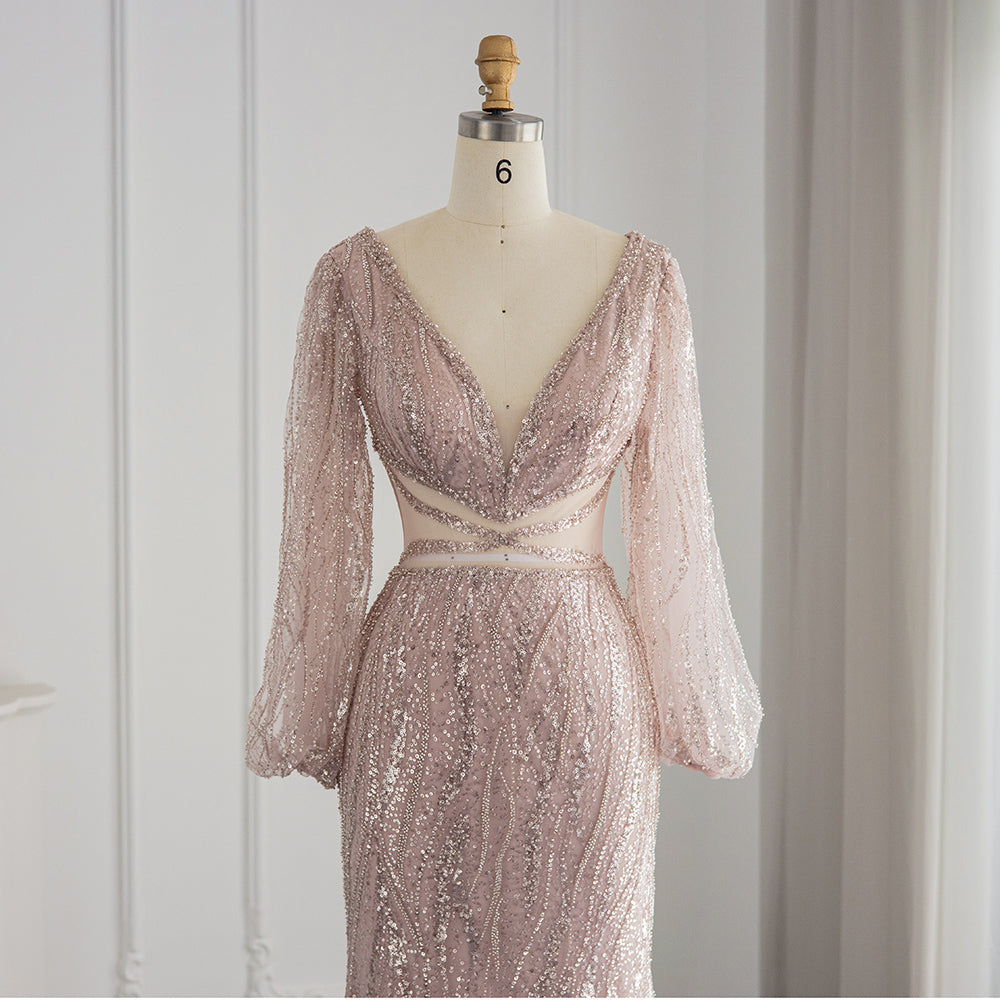 Luxury Beaded Long Sleeves Sage Green Formal Dress RM033