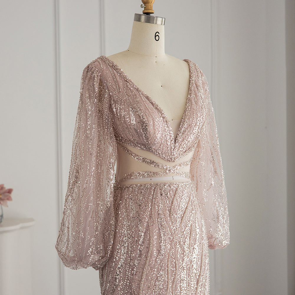 Luxury Beaded Long Sleeves Sage Green Formal Dress RM033