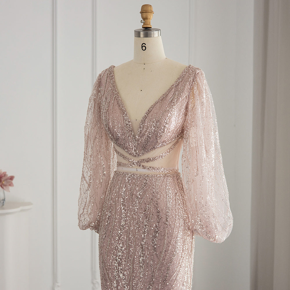 Luxury Beaded Long Sleeves Sage Green Formal Dress RM033