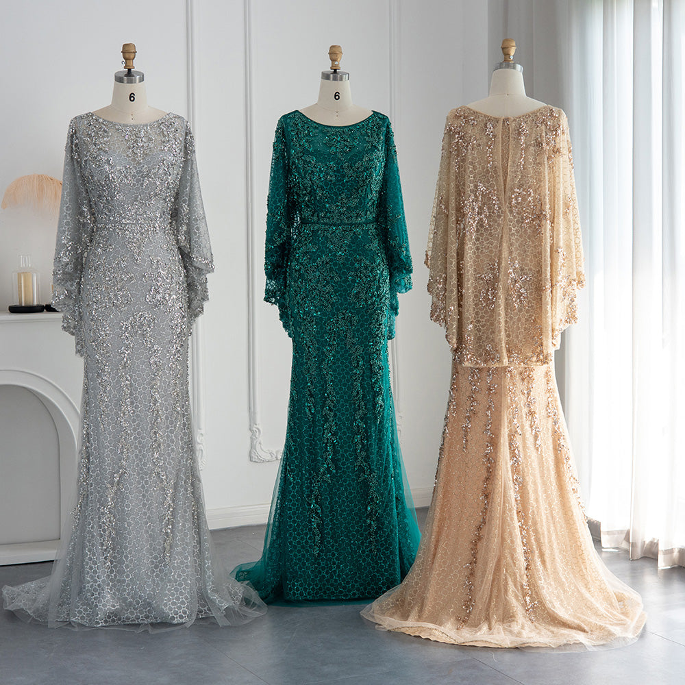 Luxury Gold Mermaid Evening Dress with Cape Shawl SS117