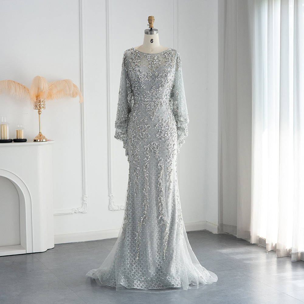 Luxury Gold Mermaid Evening Dress with Cape Shawl SS117  Silver / US 20