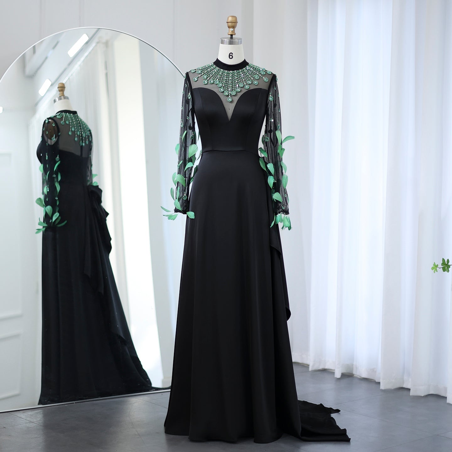 Luxury Feathers Black Long Sleeves Evening Dress SS457  Black / US 16