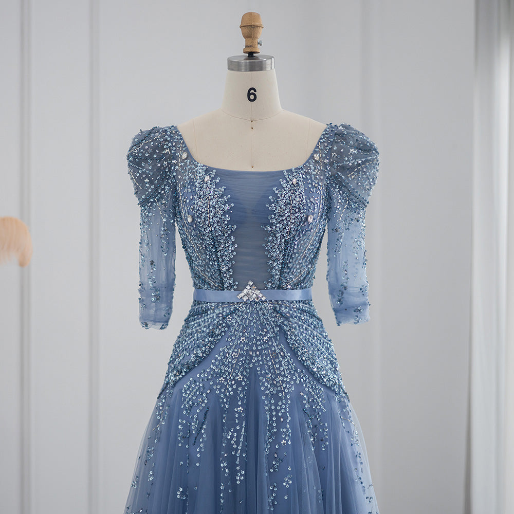 For Sale Luxury Beaded Blue Evening Dress with Half Sleeves SS240
